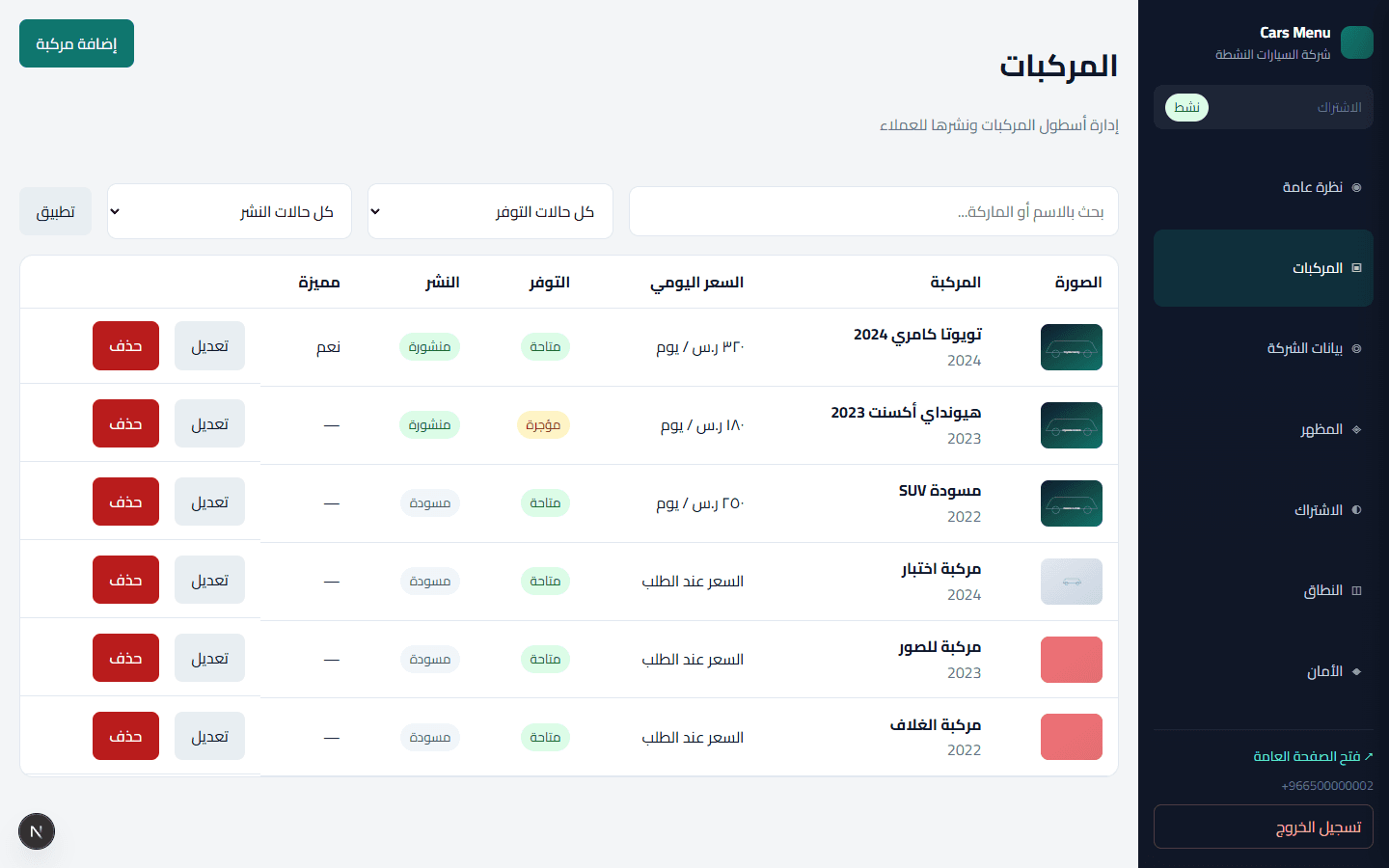 تفاصيل إدارة المركبات داخل لوحة التحكم